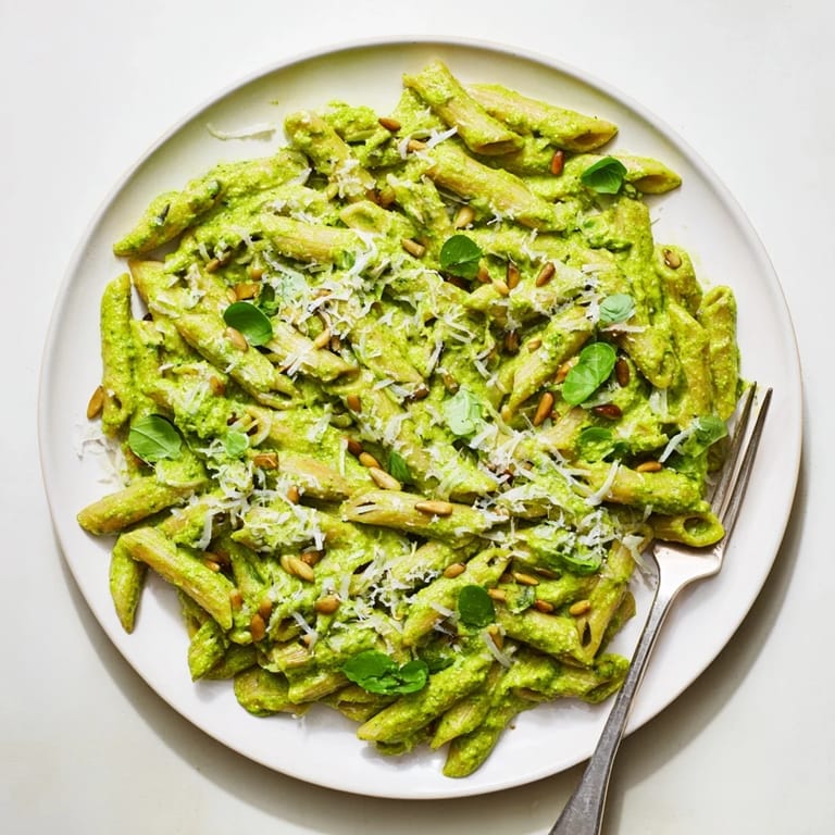 A close-up of Creamy Sunflower Seed Pesto Pasta, topped with grated Parmesan and fresh basil leaves.  