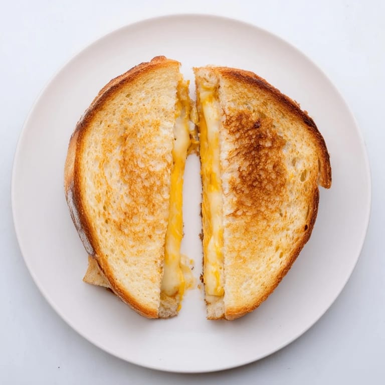 A close-up of a Triple Cheese Sourdough Grilled Cheese cut in half, showcasing its gooey, stretchy cheese pull.