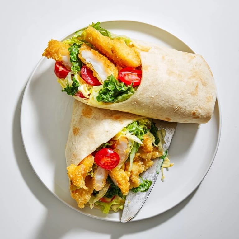 Sliced in half, this Hot Honey Chicken Caesar Wrap reveals layers of creamy Caesar salad, spicy glazed chicken, and optional croutons for added crunch.
