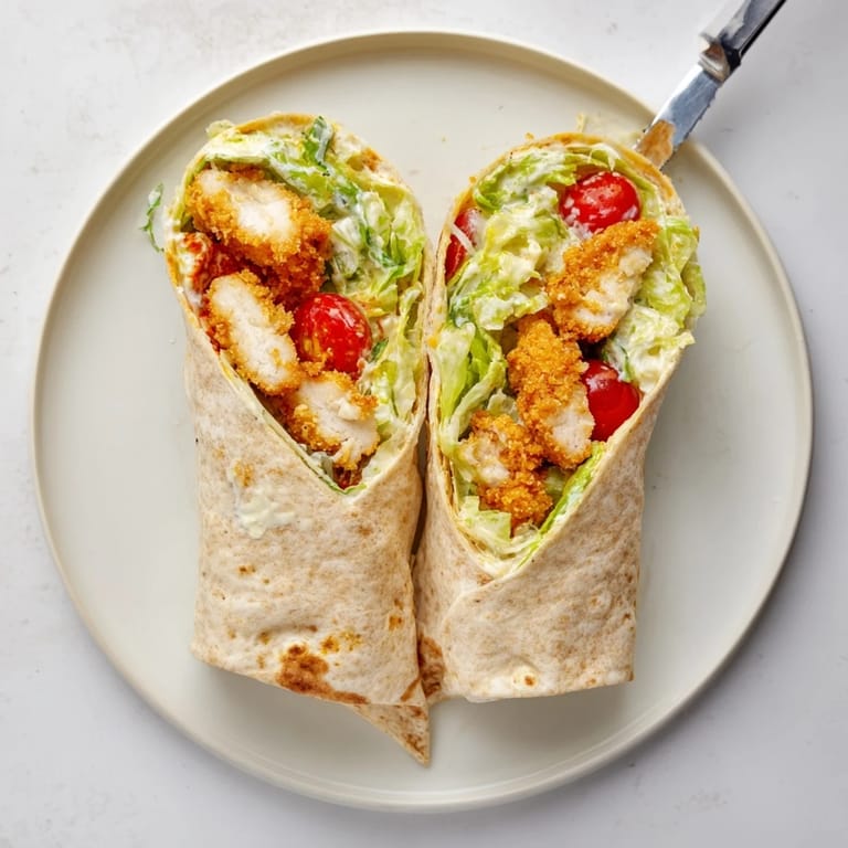 Ready-to-eat Hot Honey Chicken Caesar Wraps arranged on a plate, perfect for a quick and flavorful handheld meal, served with a side of dressing.