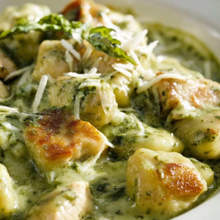 Savory creamy pesto gnocchi with chicken in a skillet, topped with grated Parmesan and ready to serve hot.