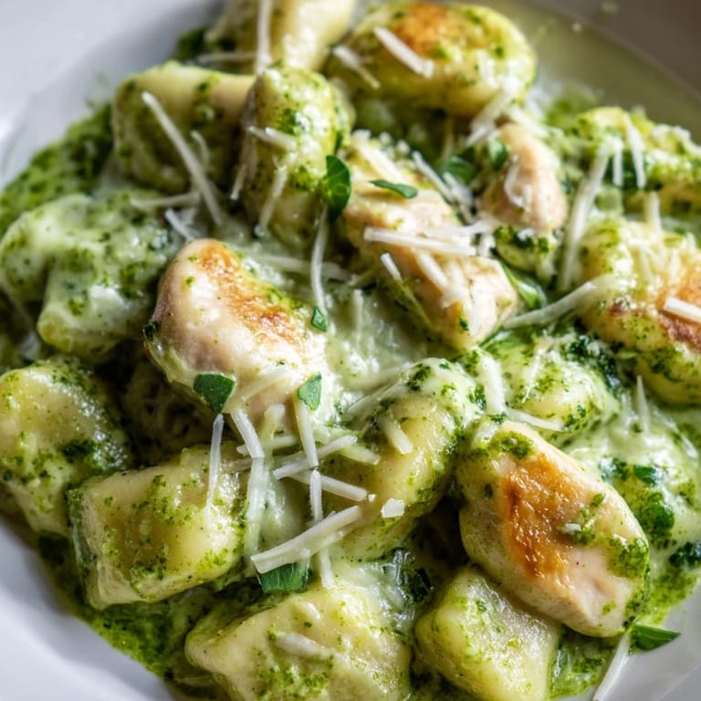 Steaming plate of pesto gnocchi with juicy chicken, basil leaves, and creamy sauce beside a glass of white wine.