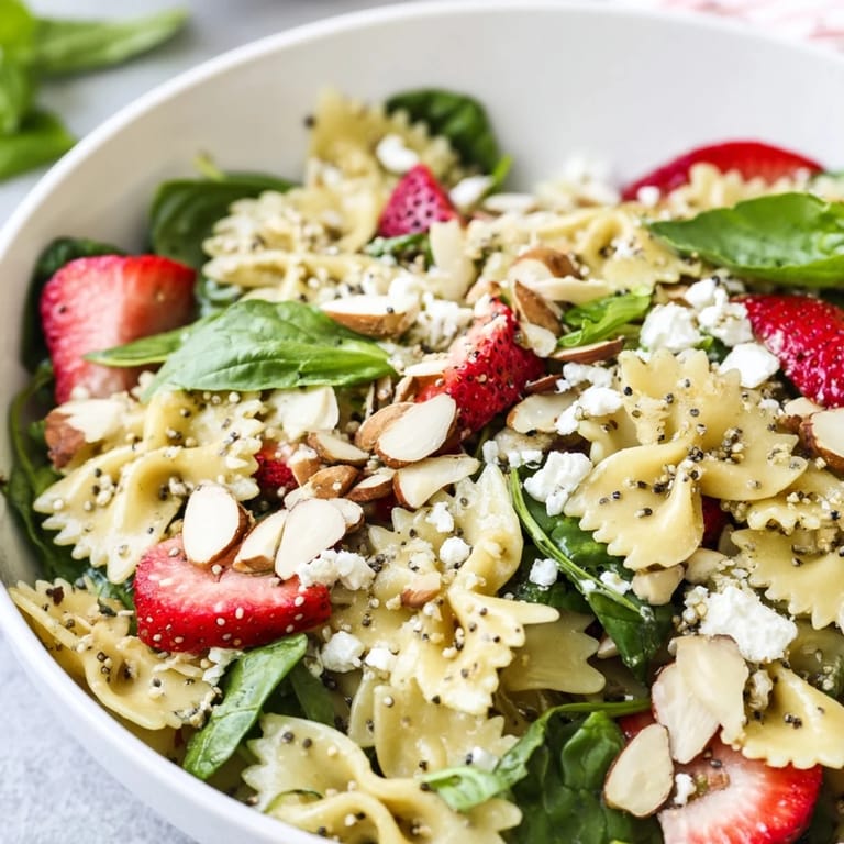 Spring Spinach Strawberry Pasta Salad served in a white bowl, topped with toasted almonds and crumbled feta for a fresh bite.