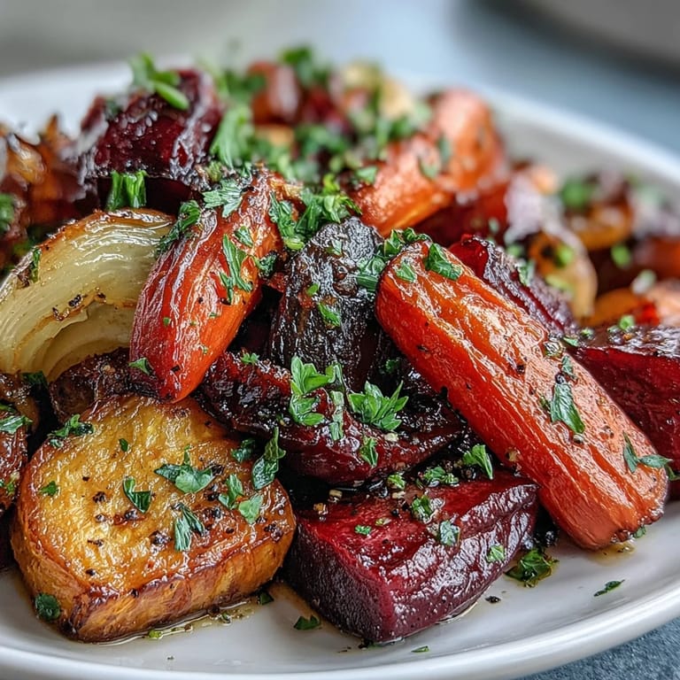 Colorful Roasted Root Vegetable Medley glistening with olive oil, a perfect side dish.