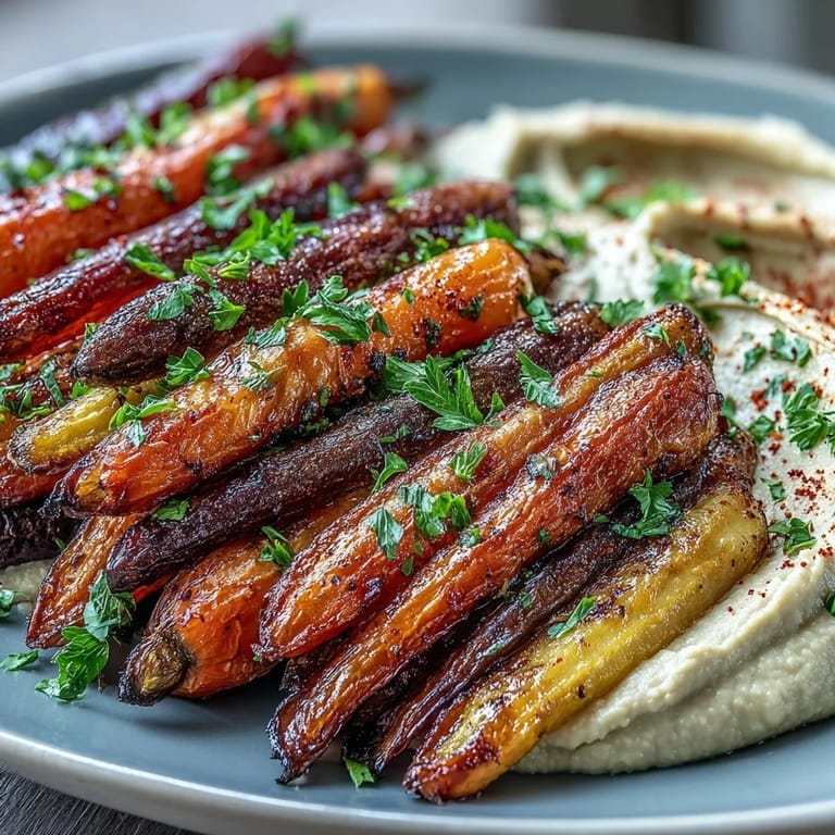 Delicious rainbow carrots and hummus platter, a beautiful, easy vegan snack.