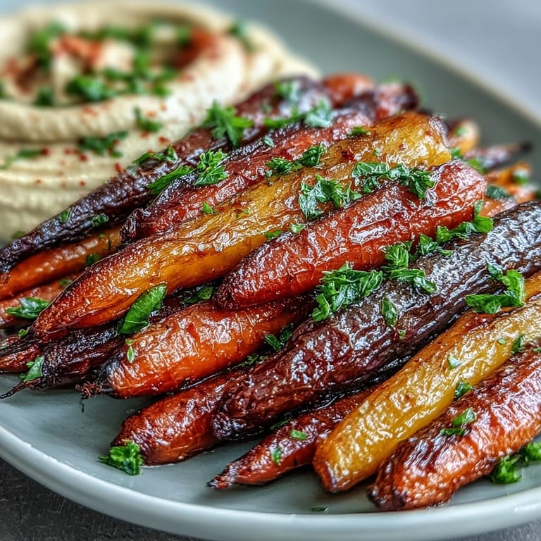 Colorful roasted rainbow carrots served with smooth, garlicky hummus, perfect for dipping.
