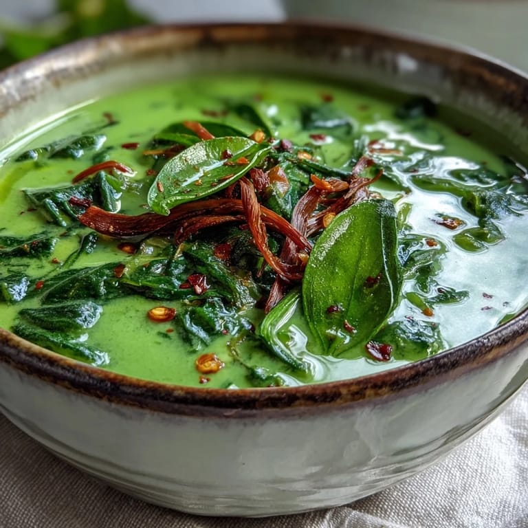 Vibrant Spinach Coriander Lemongrass Soup simmering in a pot with steam rising, coconut milk base and chopped herbs visible.