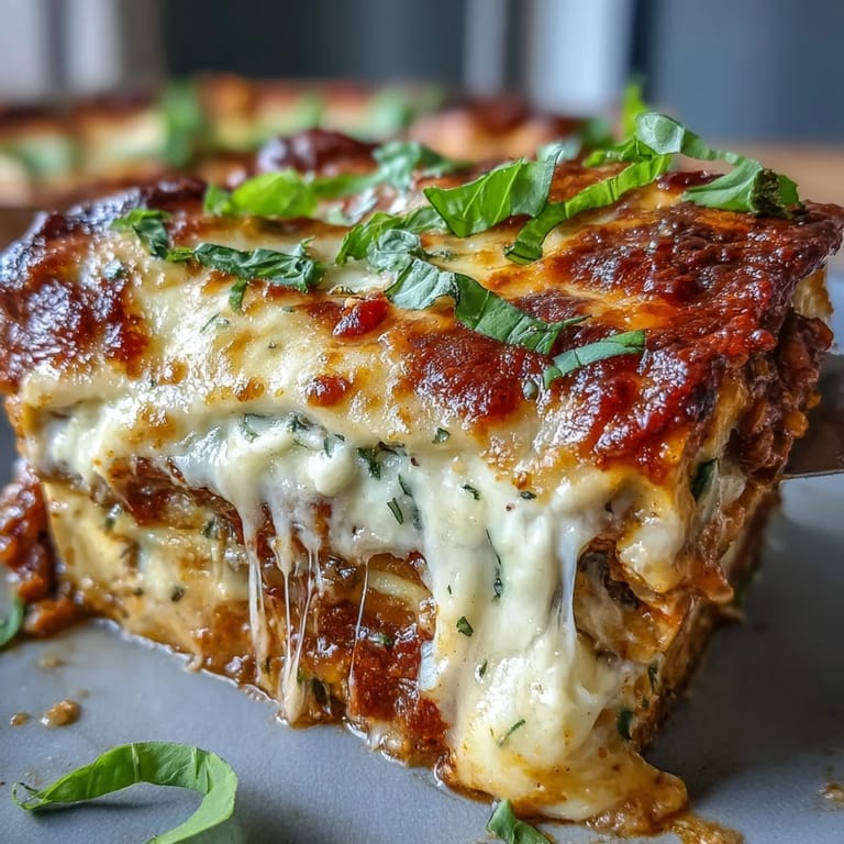 A close-up of layered One-Pan Smoky Veggie Lentil Lasagne served on a plate with a fresh green salad.