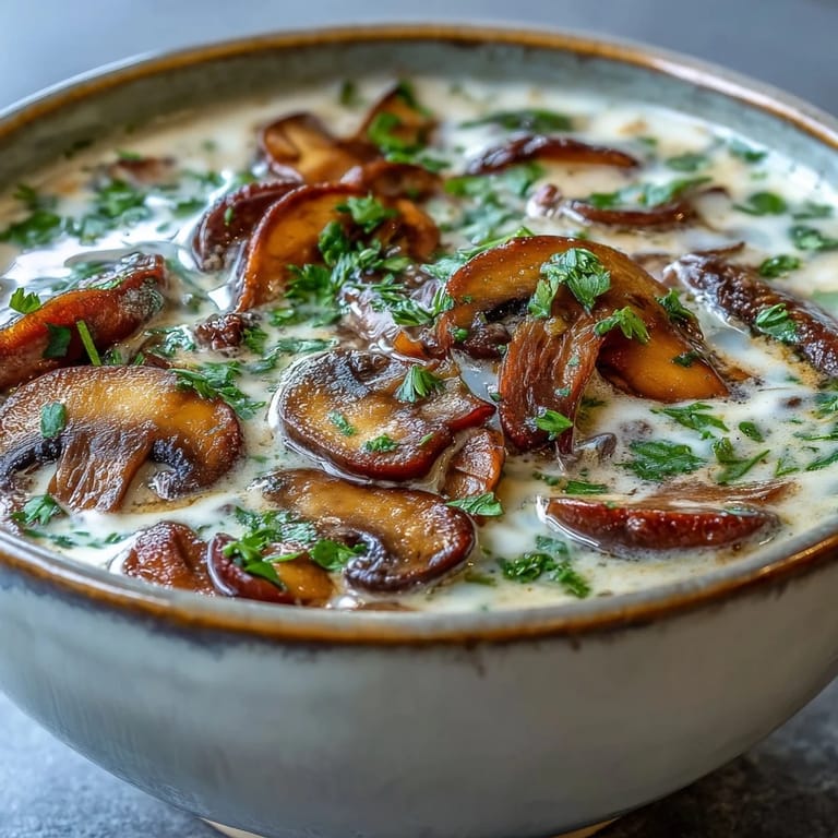 A pot of vegetarian Creamy Mushroom Stroganoff Soup simmering, filled with golden mushrooms and carrots, ready to serve.