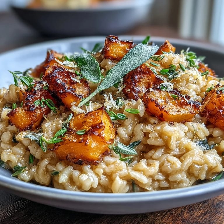 Golden roasted pumpkin cubes and fresh sage garnish this plant-based Vegan Pumpkin Risotto, plated beautifully for a comforting weeknight dinner.