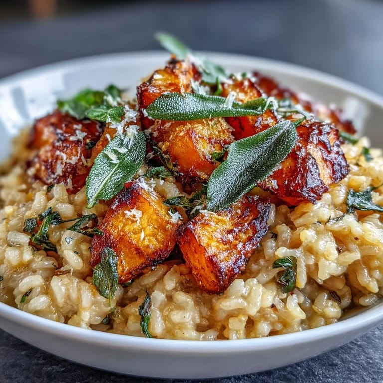 Savory Vegan Pumpkin Risotto with arborio rice, nutmeg, and crispy sage, finished with lemon zest and ready to enjoy hot.