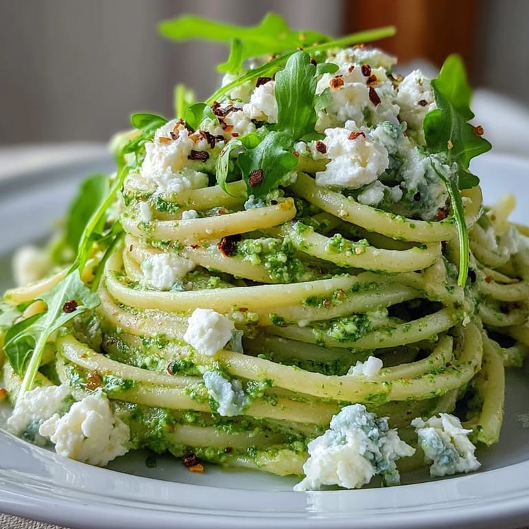 Creamy Linguine with Arugula Pesto topped with grated Parmesan and bright green arugula garnish on a rustic wooden table.