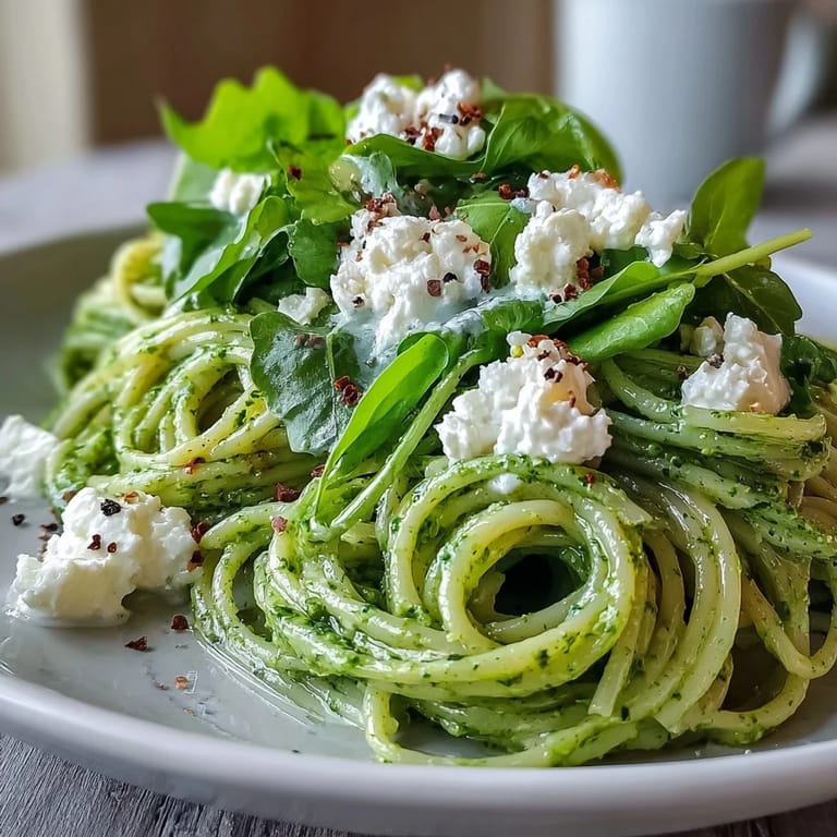 A close-up of Linguine with Arugula Pesto showing smooth pesto coating the pasta, with lemon zest and black pepper.