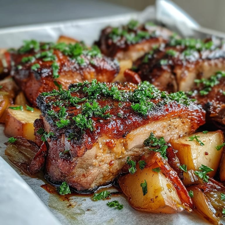 Close-up of tender Pork and Aromatic Rhubarb Traybake with ginger and orange zest, roasted to perfection.