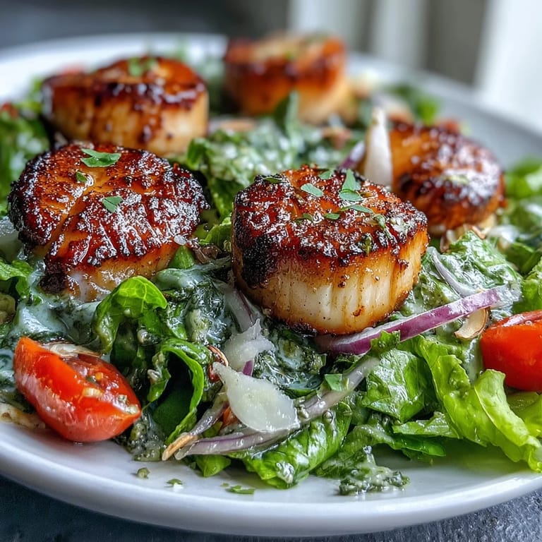 A rich pesto vinaigrette drizzles over the dish, adding fresh basil and lemon notes.