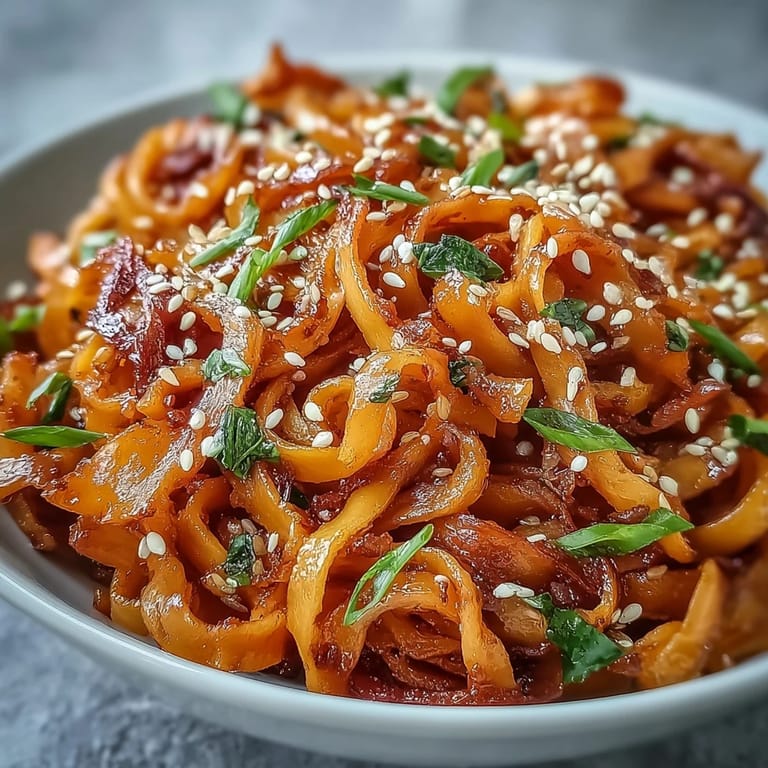 Savory Gochujang Swede Noodles, featuring tender roasted swede and crisp bean sprouts in a spicy, sweet, and tangy sauce.