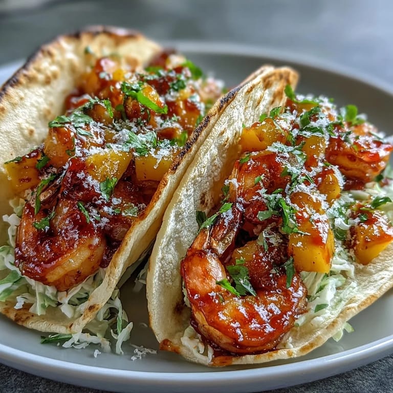 Sriracha Shrimp Tacos with Mango Salsa are piled high on a plate, garnished with cilantro and lime wedges, ready for a juicy, zesty bite.
