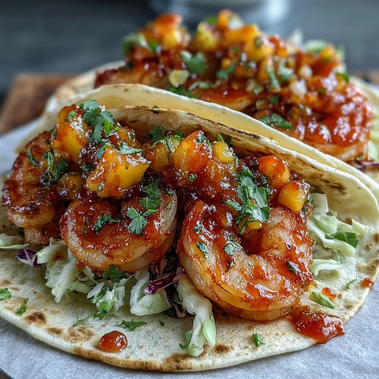 Close-up of Sriracha Shrimp Tacos with Mango Salsa shows glossy glaze, diced mango, and jalapeños, ideal for an easy weeknight dinner in 35 minutes.
