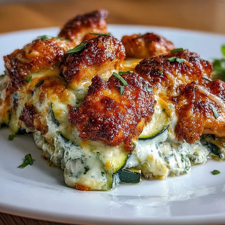 Layered golden chicken and zucchini slices in a creamy yogurt blend inside the baking dish.