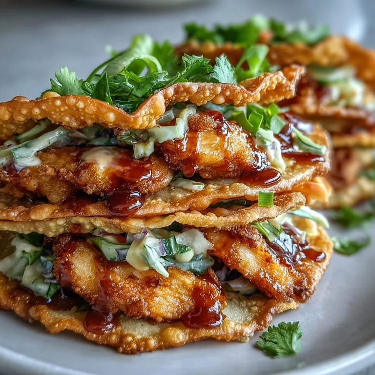 These Asian fusion tacos feature crunchy wonton shells drizzled with creamy sriracha mayo and fresh cilantro.