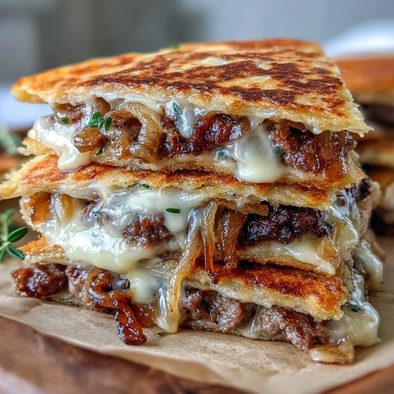 A close-up of a warm Cheesy Griddled Smashburger Quesadilla wedge held by a hand, ready to be dipped in mayo-mustard sauce.