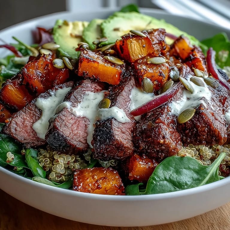 A generous drizzle of lime cilantro dressing brightens the hearty butternut squash steak bowls, garnished with crisp red onion.
