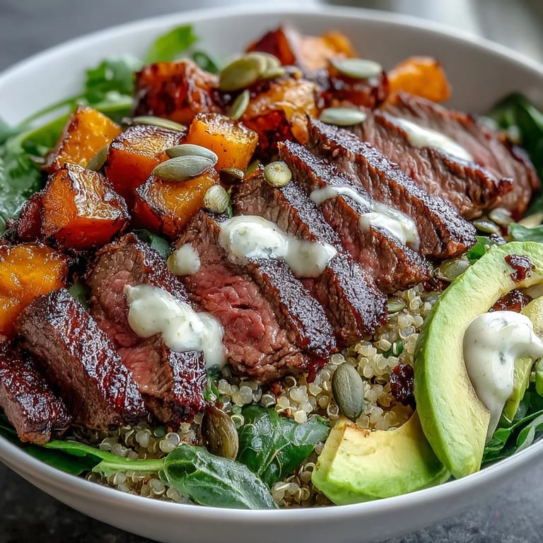 Sliced flank steak and caramelized squash cubes top fluffy quinoa in these protein-rich butternut squash steak bowls for dinner.