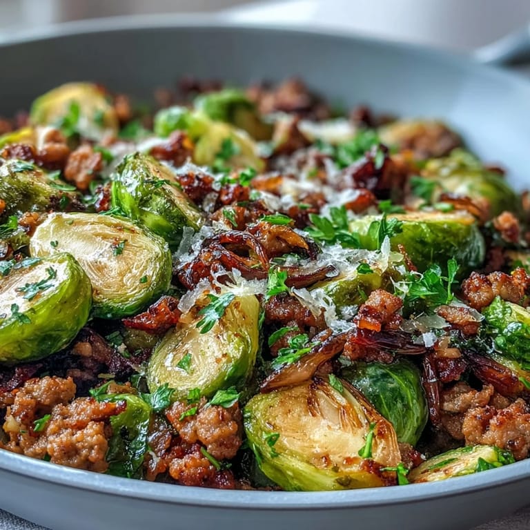 A close-up of the Brussels Sprouts & Ground Turkey Skillet shows crisp-edged sprouts and garlic-infused turkey ready to serve.