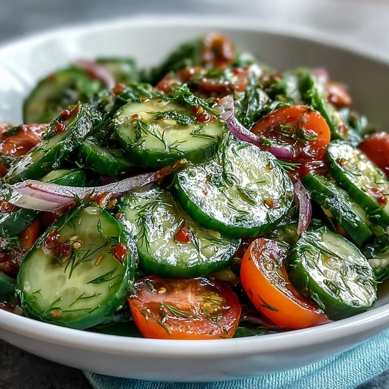 Sliced cucumbers in a tangy vinegar dressing make up the Refreshing Crunchy Cucumber Salad, garnished with fresh herbs.