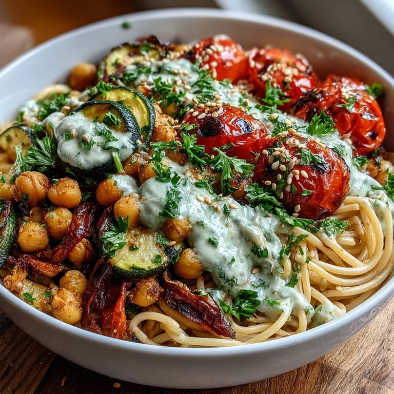 A close-up of a warm chickpea pasta bowl with vibrant veggies and a savory tahini drizzle.