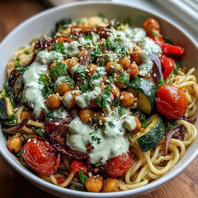 Golden roasted vegetables and chickpea pasta tossed in garlic tahini sauce, garnished with parsley and sesame.