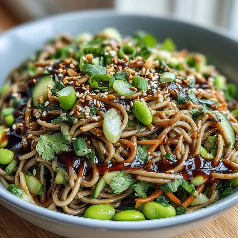 The finished Soba Noodle Bowl served in a rustic ceramic bowl, garnished with toasted sesame seeds and fresh cilantro, ready to eat.