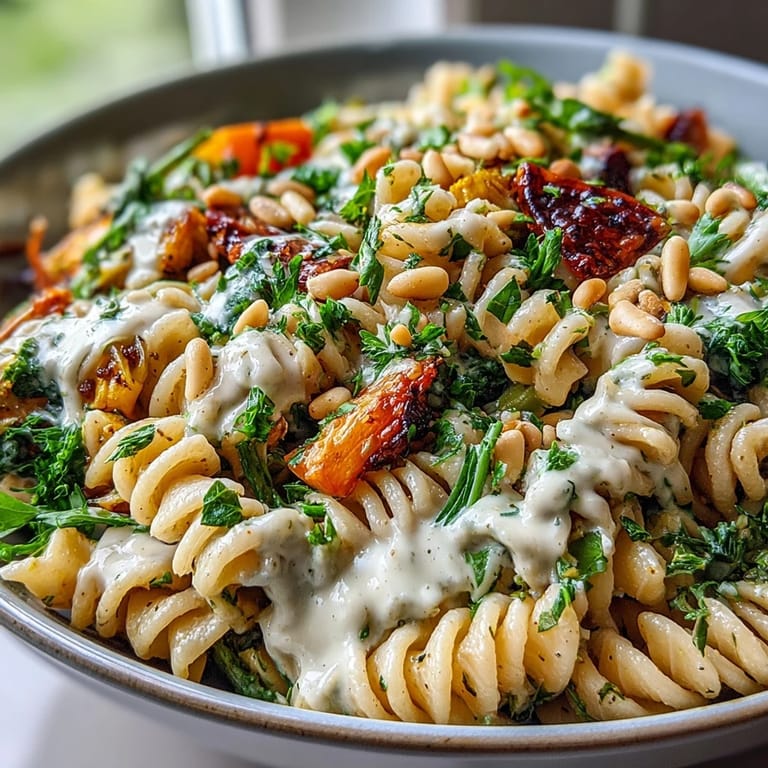 Savory Whole Wheat Pasta Bowl featuring nutty pasta, caramelized veggies, and a sprinkle of fresh parsley.