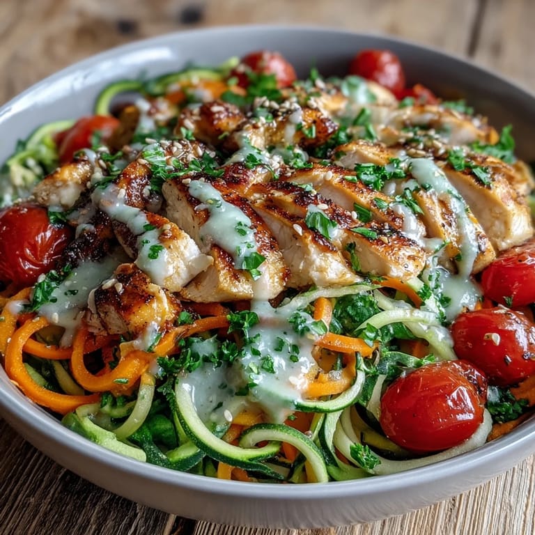 Ready in 30 minutes, this Spiralized Vegetable Bowl features colorful veggies, protein-rich chicken or tofu, and a luscious lemon tahini drizzle.