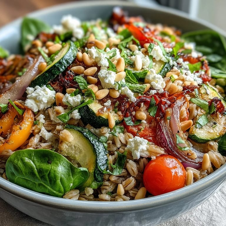 Steamed Farro Pasta Bowl dotted with colorful bell peppers, zucchini, and cherry tomatoes.