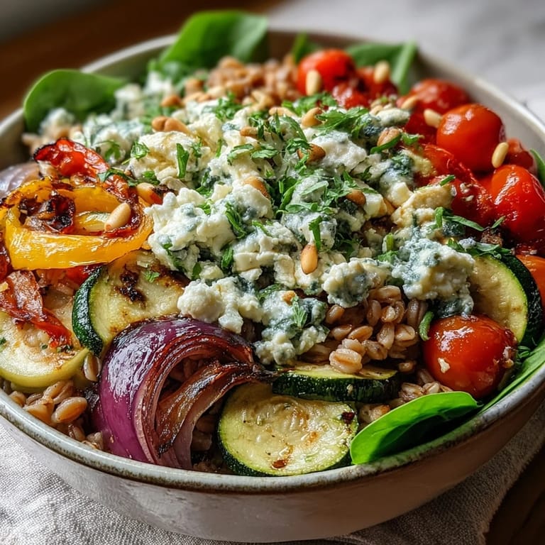 Zesty Farro Pasta Bowl tossed with spinach and drizzled with a lemony olive oil dressing.
