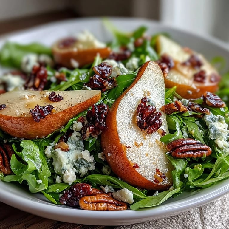 Close-up of Arugula and Pear Bowl featuring vibrant greens, juicy pear wedges, crumbled cheese, and chopped nuts with a light dressing drizzle.