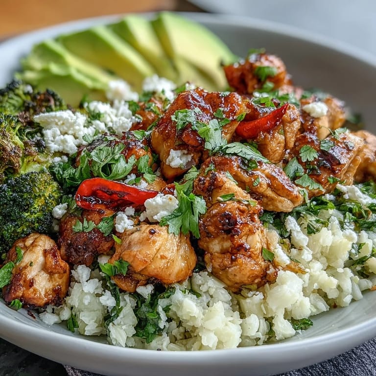 Nutritious and vibrant cauliflower rice bowl served with chicken and diced avocado, drizzled with creamy sauce.