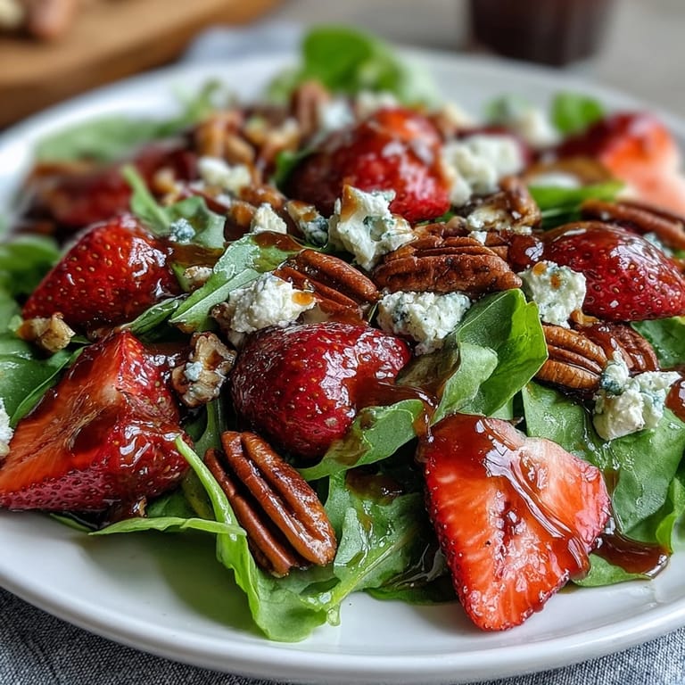 Fresh and elegant strawberry arugula salad with balsamic glaze, featuring juicy berries, crumbled goat cheese, and crunchy toasted pecans—perfect for spring entertaining.