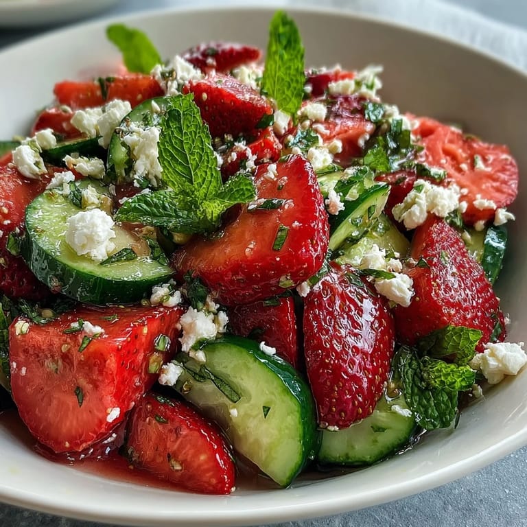 Refreshing cucumber and strawberry salad with mint, topped with creamy feta and crunchy almonds—ideal as a light vegetarian side dish.
