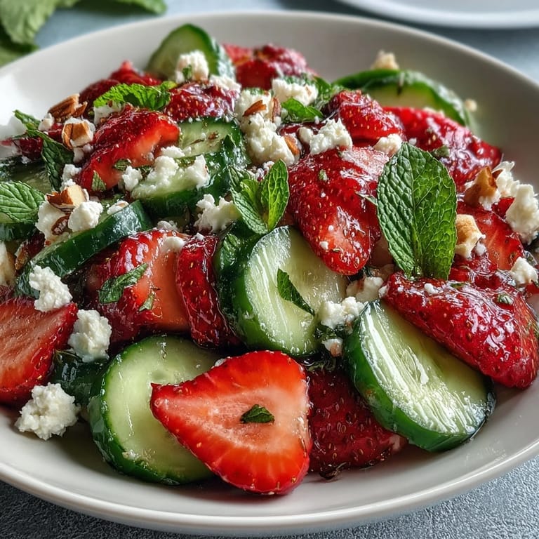 A vibrant spring salad featuring sliced cucumber, ripe strawberries, and fragrant mint leaves, tossed with baby greens for extra freshness.
