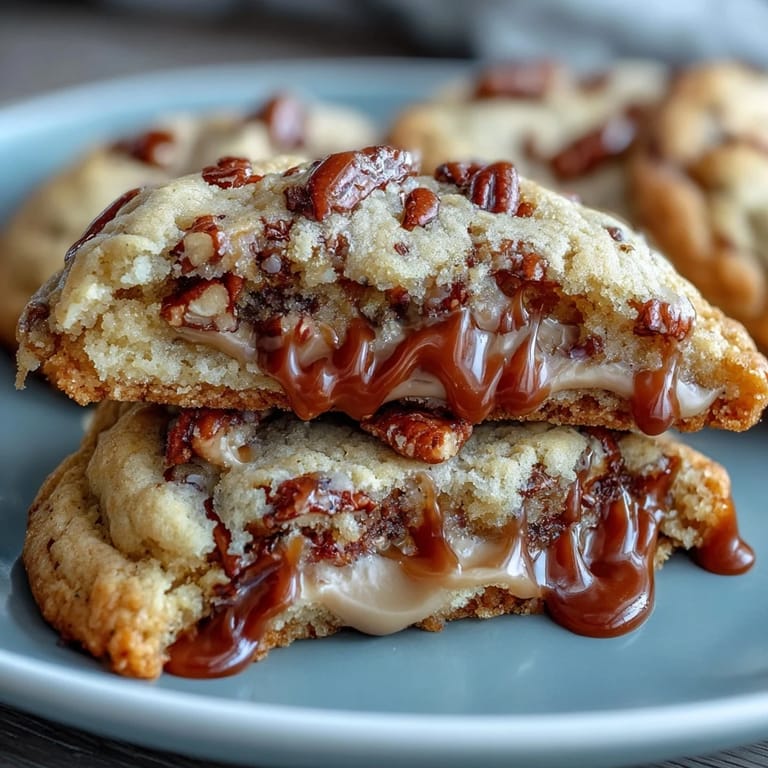 Decadent butter pecan cookies drizzled with caramel and packed with crunchy toasted pecans, perfect for dessert lovers.  