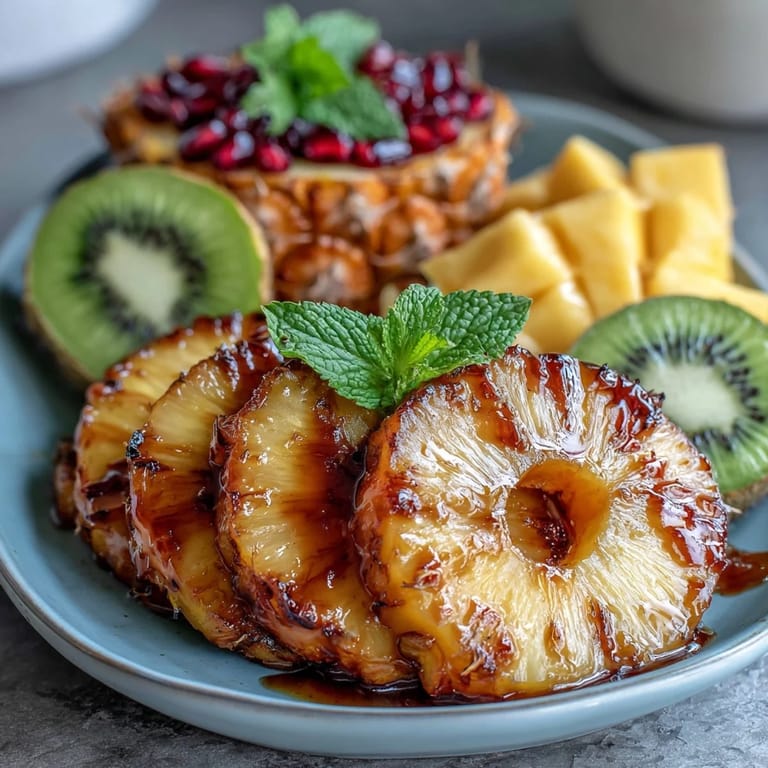 Colorful display of ripe mangoes, pineapple spears, and berries arranged for a refreshing, healthy appetizer or dessert.  