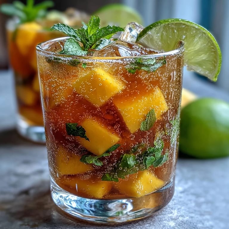 This refreshing mango peach sangria features juicy mango chunks and ripe peach slices in a sparkling citrus blend.