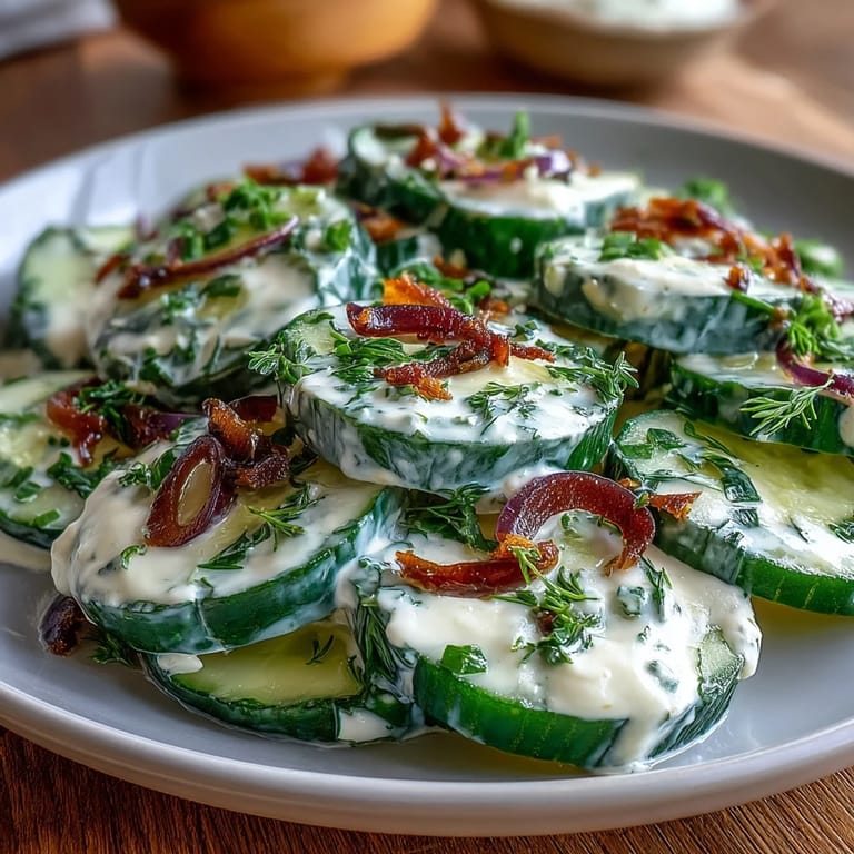 A refreshing summer side dish featuring crisp cucumbers in a tangy Greek yogurt dressing with dill and red onion slices.