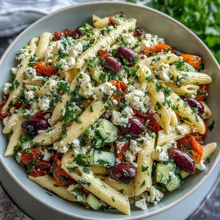 Vibrant Greek pasta salad with Kalamata olives and creamy feta, tossed in herb dressing, ideal for outdoor gatherings.