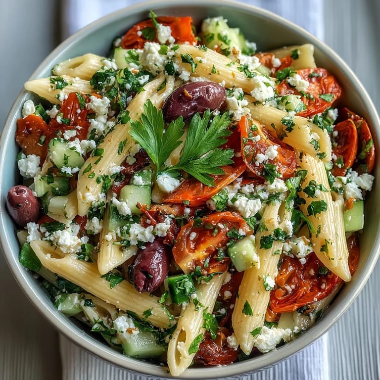 Mediterranean pasta salad with feta and olives, featuring fresh cucumbers and tomatoes, great for light lunches or potlucks.