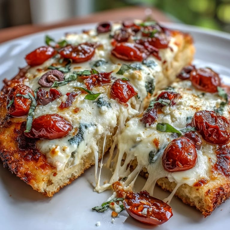 High-protein cottage cheese flatbread pizza topped with savory sauce, melted cheese, and colorful vegetables for a healthy meal.