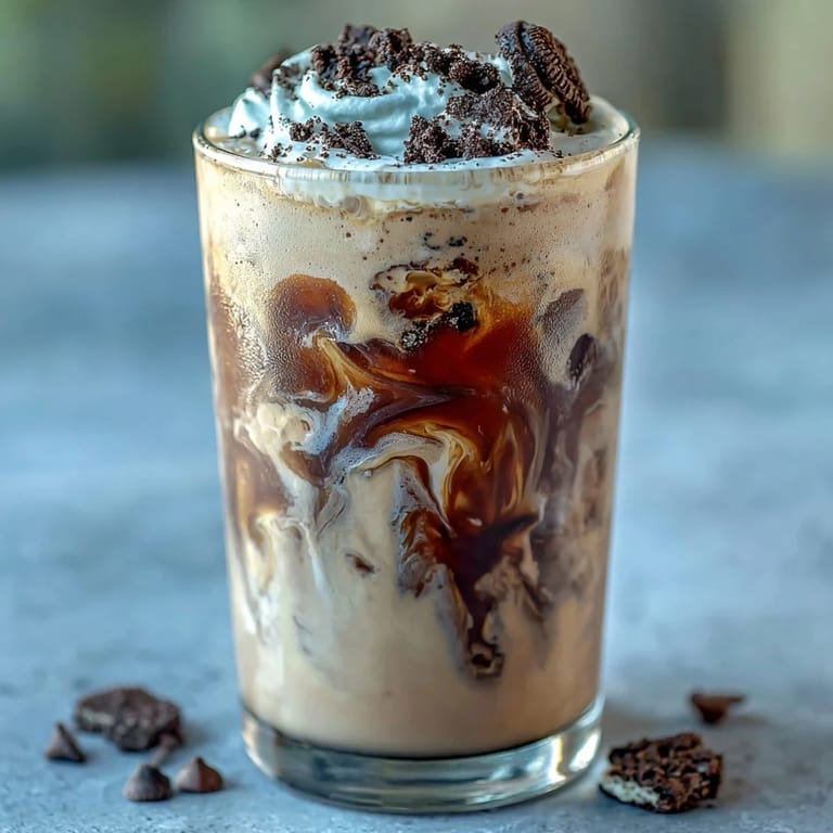 Indulgent Cookies and Cream Cold Brew features marbled coffee, chocolate cookie milk, and whipped cream in a tall glass.