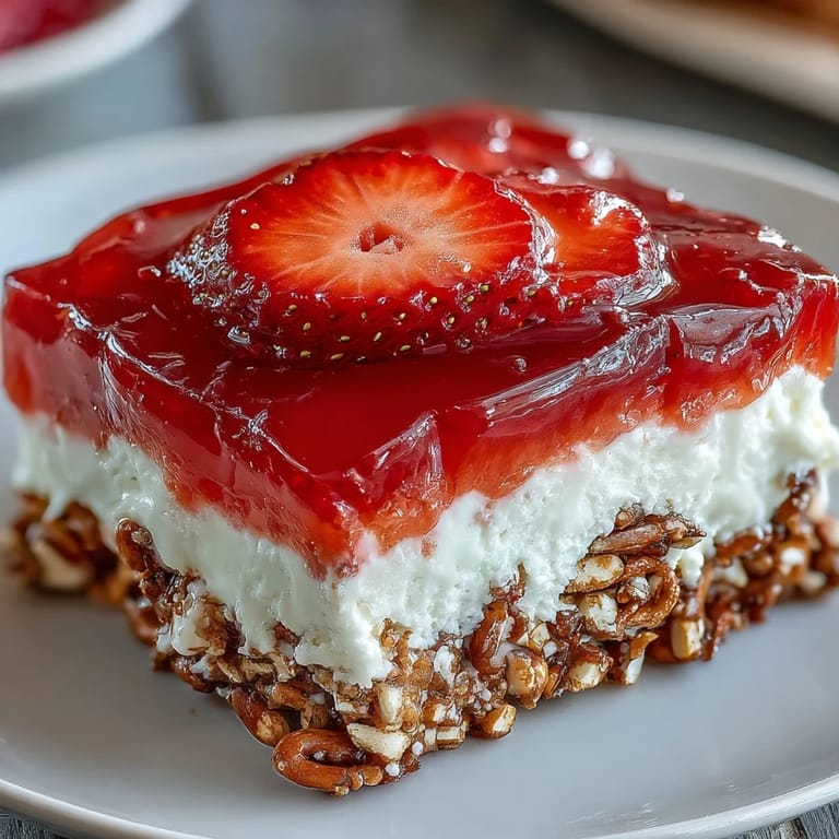 Close-up view of creamy strawberry gelatin layer with sliced berries resting on a sweet and salty pretzel crust, perfect for summer celebrations.